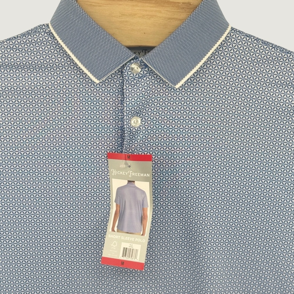 Hickey Freeman Golf Mens Blue Geometric Short Sleeve Polo Shirt Size M NWT
